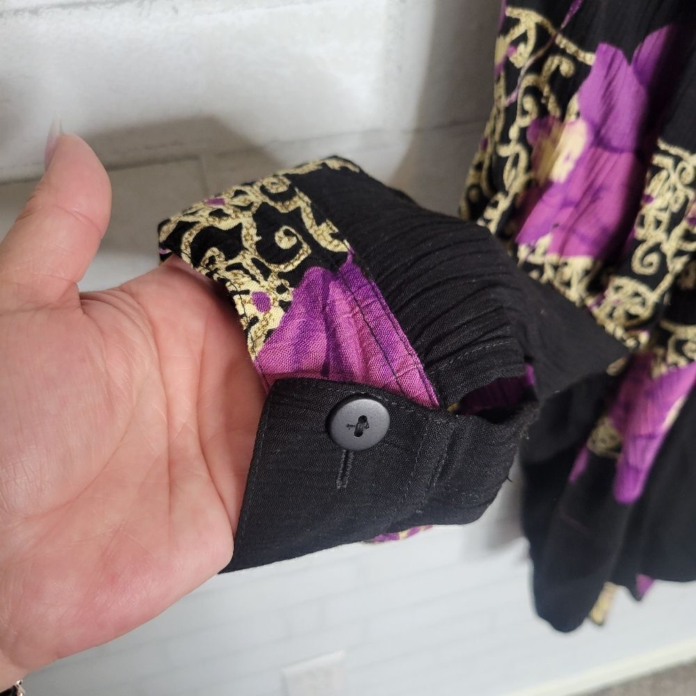 *SET* Bop Vintage Black Purple Floral Crepe Button Down Shirt And Pants - Picture 3 of 10